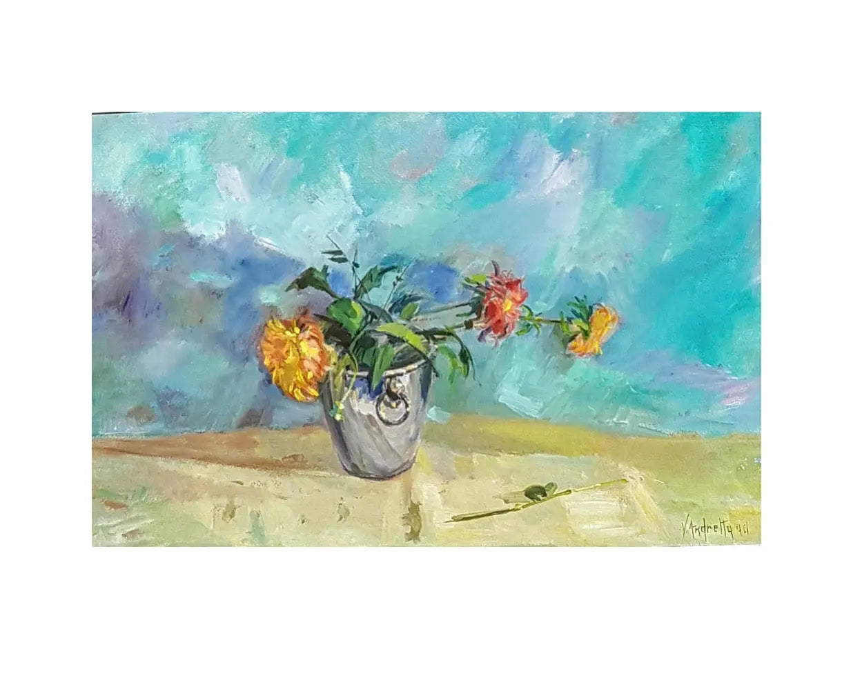 Fiori Nel Secchiello Del Ghiaccio di Vittoria Andretta. Opera unica tecnica mista su tela rappresentante i momenti più intensi della sua vita | CD Studio d'Arte