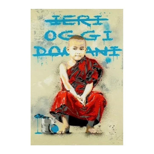 Ieri Oggi Domani di Alessio-B. Opera unica spray e stencil su tela rappresentante un piccolo monaco tibetano che si vive solo il presente, senza passare al passato ed al futuro | CD Studio d'Arte