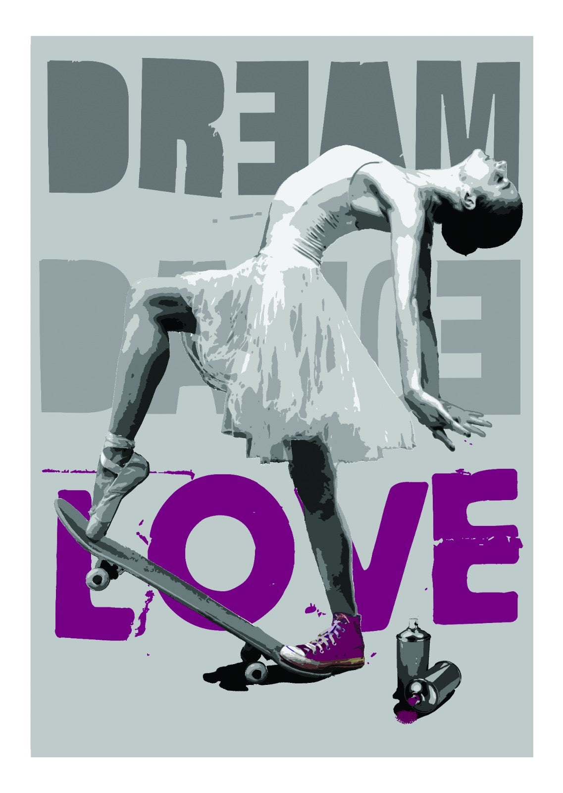 Don't choose. Stampa giclée stampa su carta 320 gsm edizione limitata rspray e stencil su tela rappresentante una ballerina sullo skate, sullo sfondo le parole DREAM (sogno) e LOVE (amore)  | Cd Studio d'Arte