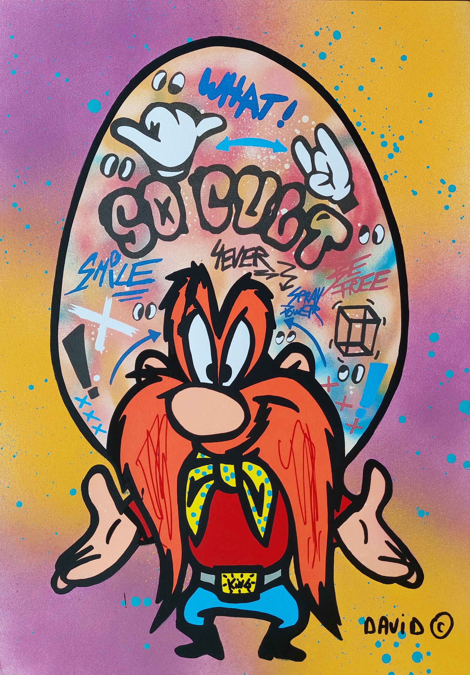 What! - Purple and Yellow di David Karsenty. Opera unica spray e serigrafia su carta rappresentante Yosemite Sam, l'iconico personaggio dei Looney Tunes raffigurato in maniera divertente dall'artista | Cd Studio d'Arte   