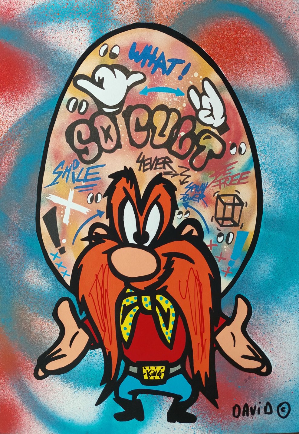 What! - Red and Blue di David Karsenty. Opera unica spray e serigrafia su carta rappresentante Yosemite Sam, l'iconico personaggio dei Looney Tunes raffigurato in maniera divertente dall'artista | Cd Studio d'Arte   