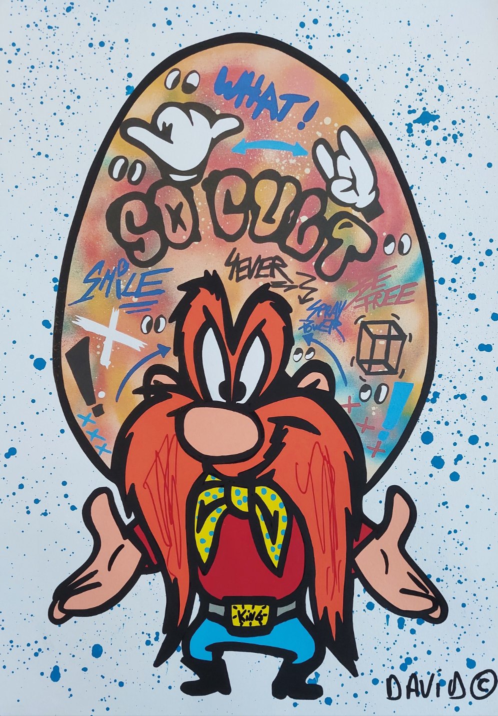 What! - Blue Splash di David Karsenty. Opera unica spray e serigrafia su carta rappresentante Yosemite Sam, l'iconico personaggio dei Looney Tunes raffigurato in maniera divertente dall'artista | Cd Studio d'Arte