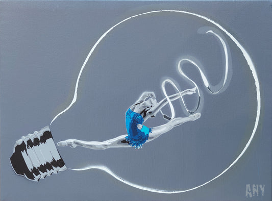 Butterfly Blue di Any. Opera unica spray e stencil su tela rappresentante una ginnasta della squadra delle farfalle che crea energia pulita con il suo movimento  | CD Studio d'Arte 