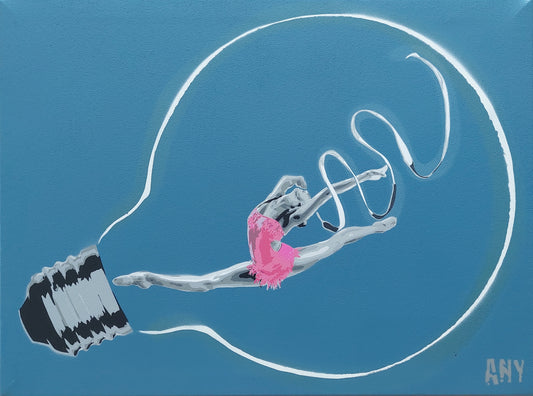 Butterfly Blue di Any. Opera unica spray e stencil su tela rappresentante una ginnasta della squadra delle farfalle che crea energia pulita con il suo movimento | Cd Studio d'Arte
