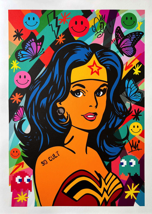 Wonder Woman di David Karsenty. Stampa giclée stampa su carta 320 gsm edizione limitata rappresentante Wonder Woman, l'iconica eroina dei fumetti, in chiave divertente | Cd Studio d'Arte