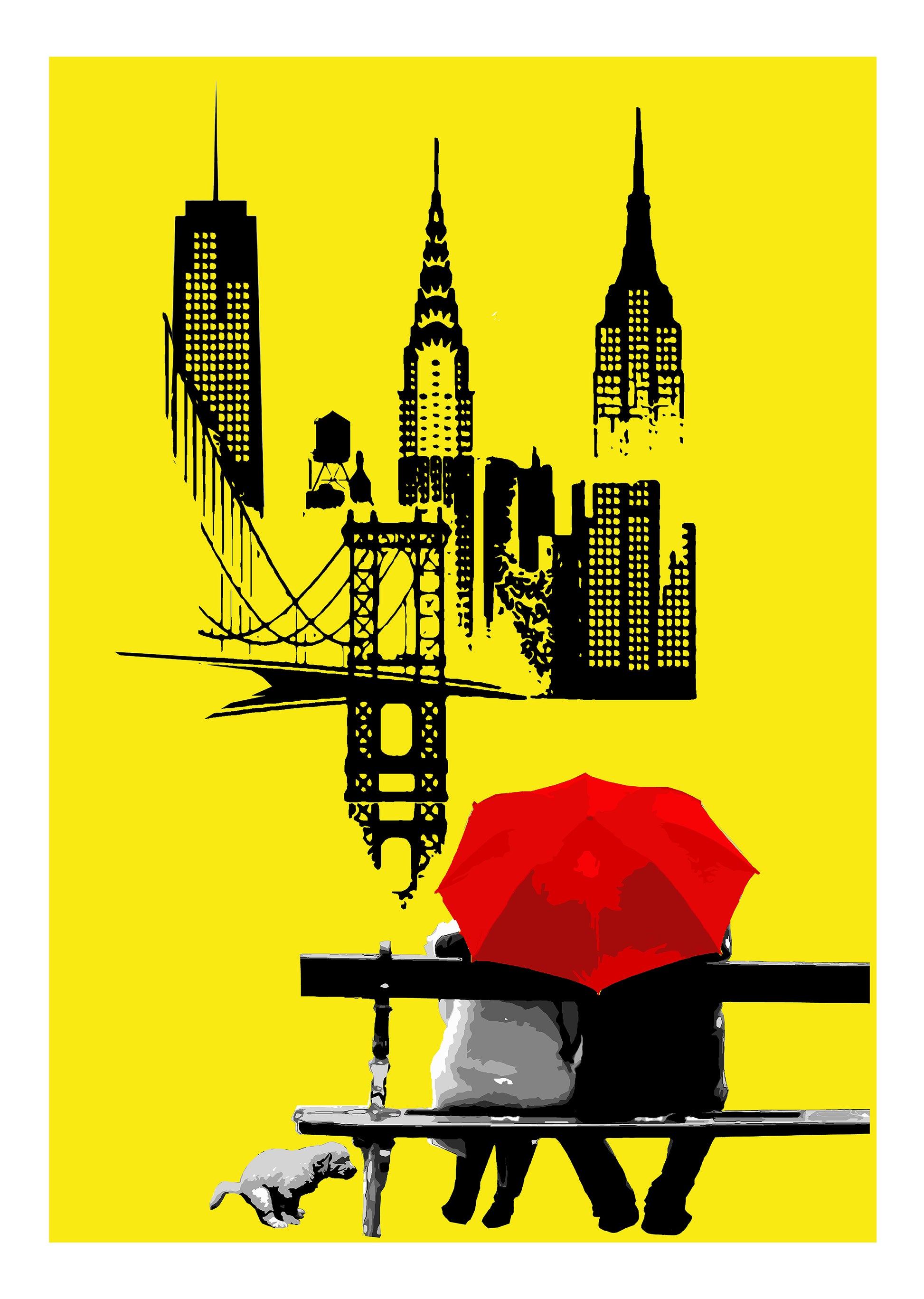 Don't Poop di Any. Stampa giclée stampa su carta 320 gsm rappresentante una coppia seduta e protetta da un ombrello rosso mentre ammira la città di New York | Cd Studio d'Arte