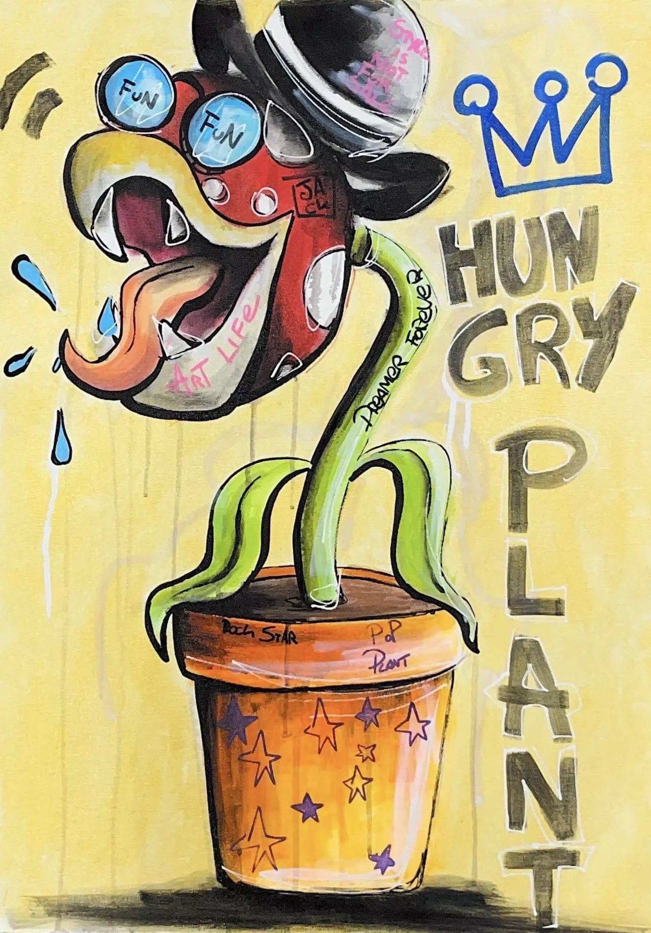 Hungry Plant di Jack Perego. Opera unica tecnica mista su tela rappresentante delle rivisitazioni divertenti e colorate in stile New Pop | Cd Studio d'Arte