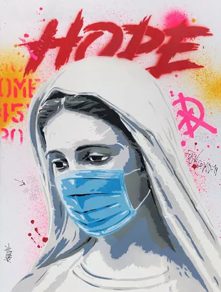 Hope 2 di Alessio-B. Opera unica spray e stencil su cartone rappresentante la Madonna con una mascherina chirurgica in segno di speranza | Cd Studio d'Arte