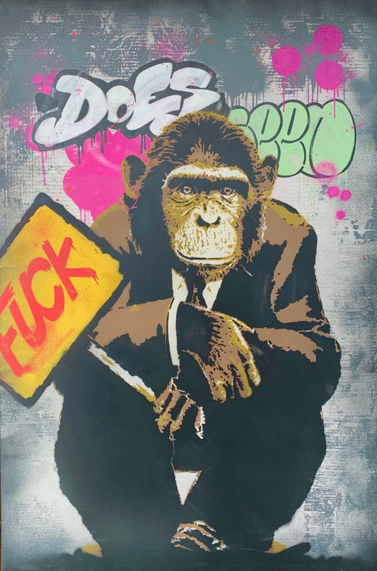 Fuck di Alessio-B. Opera unica spray e stencil su tela rappresentante un'immagine divetente della scimmia con il cartello "Fuck" | CD Studio d'Arte