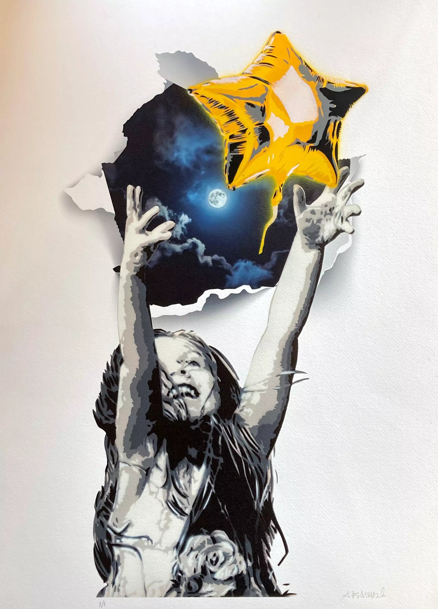 Off The Wall-Moon Edition di Alessio-B. Stampa giclée stampa su carta 320 gsm rifinita a mano rappresentante una bambina gioiosa che lancia un palloncino a forma di stella | Cd Studio d'Arte