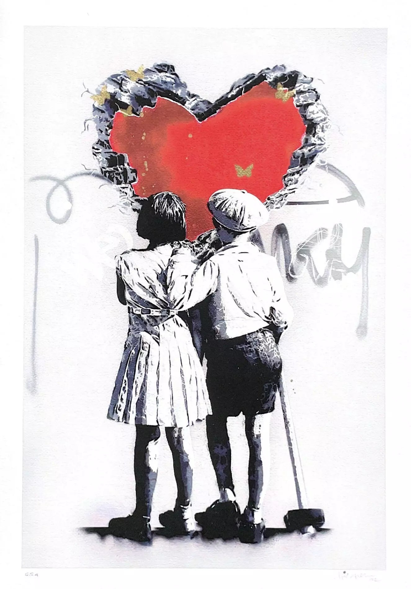 True Love Special di Alessio-B. Stampa giclée stampa giclée su carta 320 gsm edizione limitata rappresentante due bambini che, abbracciati, osservano un grande cuore rosso | Cd Studio d'Arte