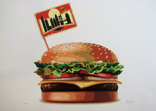 Anyburger di Any. Stampa giclée stampa su carta 320 gsm edizione limitata rappresentante un hamburger con una bandierina, sulla quale è disegnata la città di New York  | CD Studio d'Arte