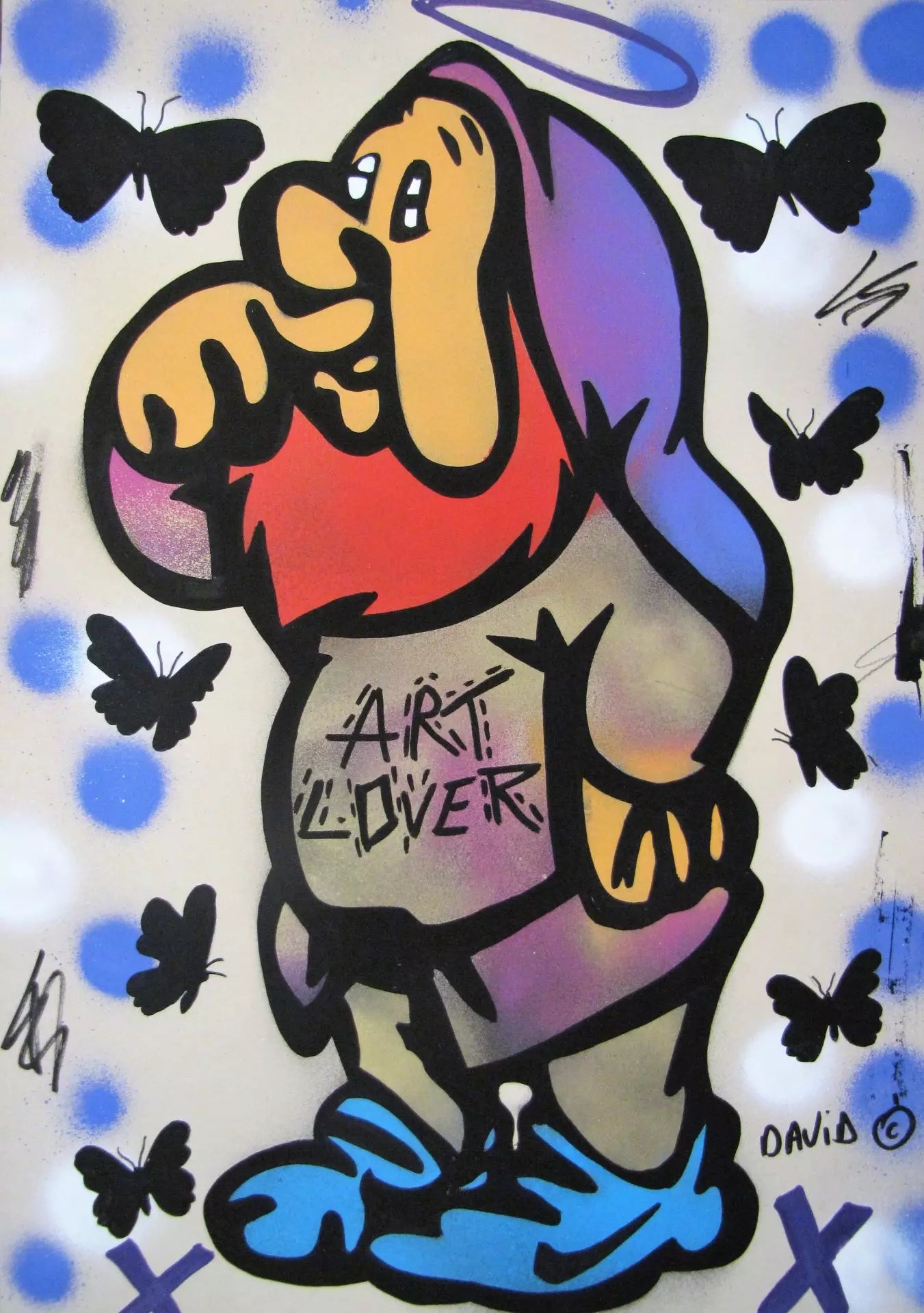 Art Lover di David Karsenty. Opera unica tecnica mista su carta rappresentante Eolo, l'iconico nano Disney di Biancaneve raffigurato in maniera divertente dall'artista | CD Studio d'Arte
