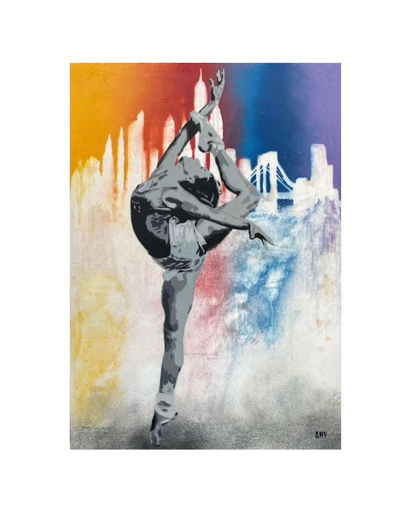 Broken Ballerina Sunset Edition di Any. Opera unica spray e stencil su tela rappresentante una ballerina mentre danza | CD Studio d'Arte 