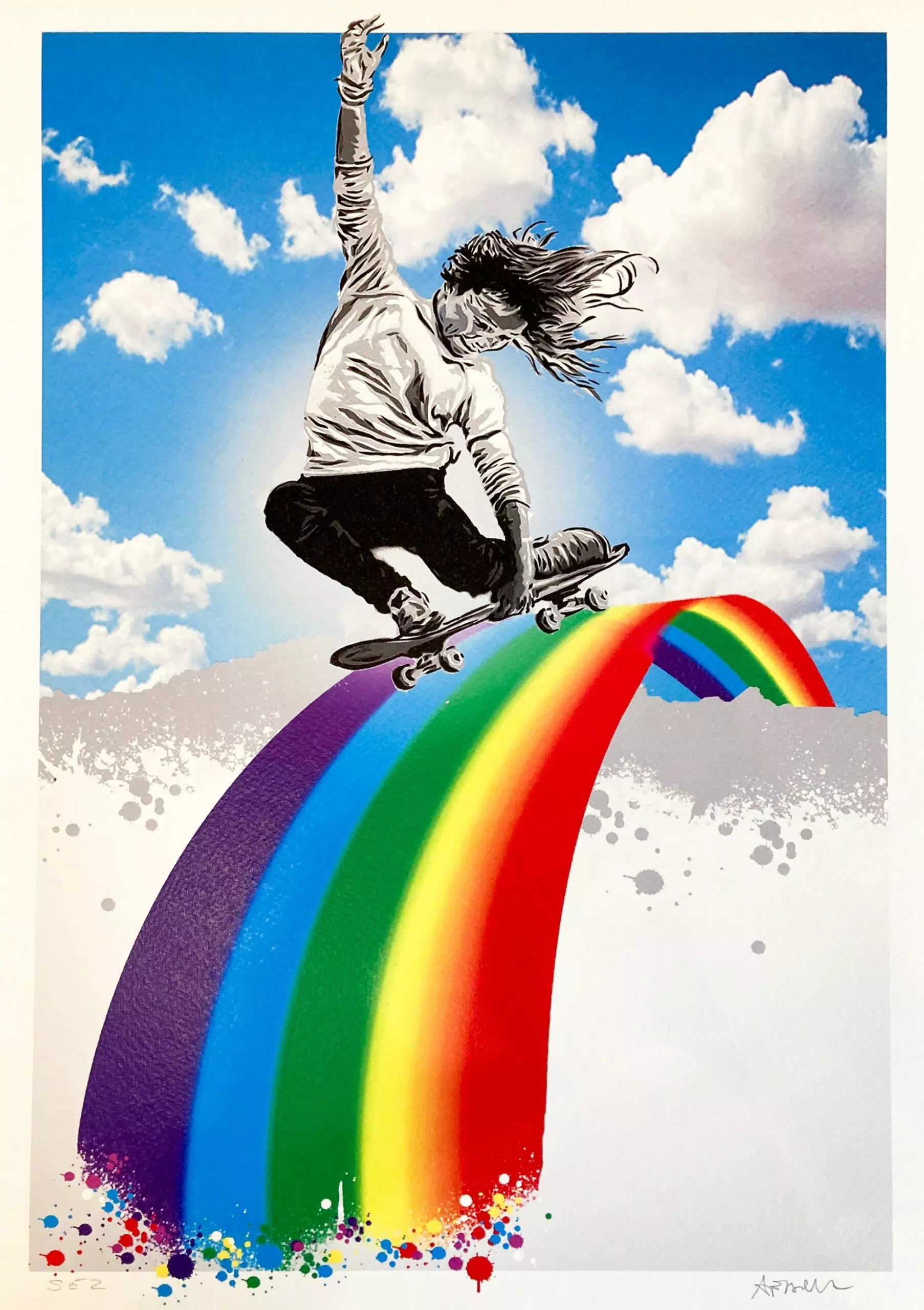 Skate Rainbow Edition di Alessio-B. Stampa giclée stampa giclée su carta 320 gsm edizione limitata rappresentante un bambino che va su uno skate sopra ad una strada a forma di arcobaleno | Cd Studio d'Arte