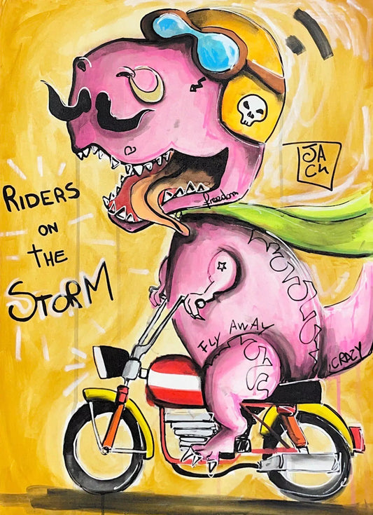 Riders On The Storm di Jack Perego. Opera unica tecnica mista su tela rappresentante delle rivisitazioni divertenti e colorate in stile New Pop - CD Studio d'Arte