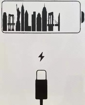 Charging Life di Any. Opera unica spray e stencil su tela rappresentante connessioni allo scenario di New York, come ricorda l'acronimo presente nel nome dell'artista "About New York" | CD Studio d'Arte