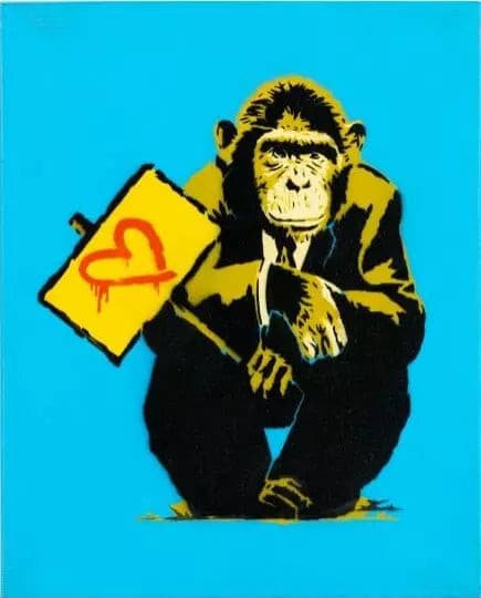 Monkey-Blue Edition di Alessio-B. Opera unica spray e stencil su tela rappresentante una scimmia accovacciata con un cartello con disegnato un cuore | Cd Studio d'Arte