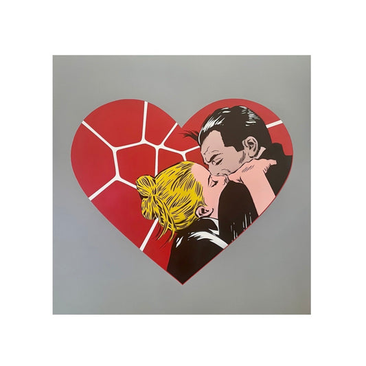 Diabolik And Eva Kant Love And Sinapsi Grigio di ZeroMentale. Opera unica spray e stencil su tela rappresentante il bacio iconico di Eva Kant e Diabolik, simbolo di Pop Art da oltre 50 anni | Cd Studio d'Arte