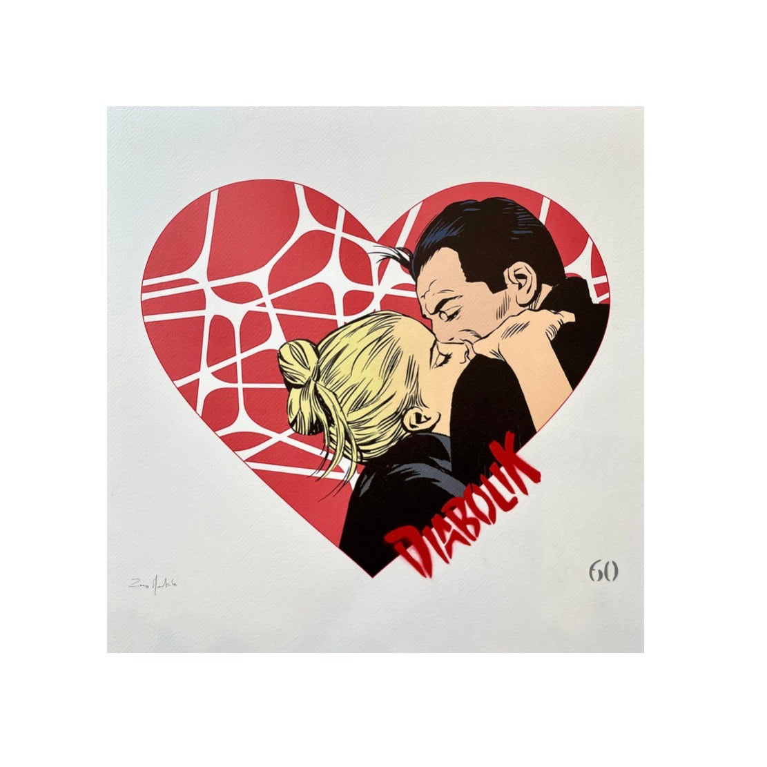 Diabolik And Eva Kant Retouché Bianco di ZeroMentale. Stampa giclée stampa giclée ritoccata a mano su carta 320 gsm edizione limitata rappresentante il bacio iconico di Eva Kant e Diabolik, simbolo di Pop Art da oltre 50 anni  | Cd Studio d'Arte