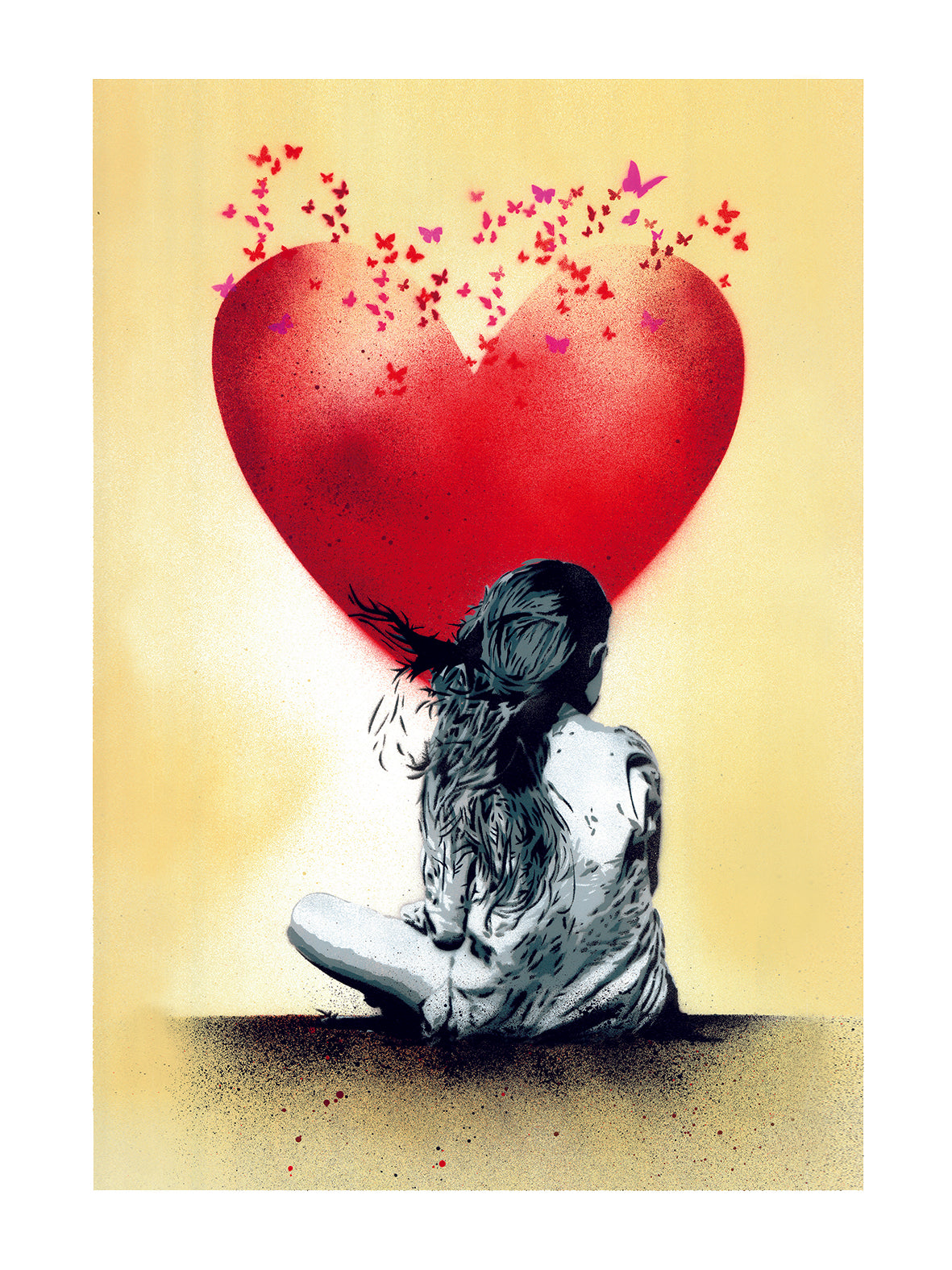 Dream Butterfly Edition di Any. Stampa giclée su carta 320 gsm rappresentante una bambina seduta di fronte ad un grande cuore rosso dal quale escono delle farfalle | Cd Studio d'Arte