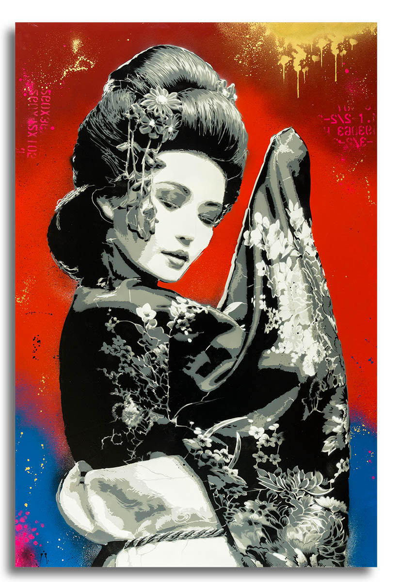 Red Geisha di Alessio-B. Opera unica spray e stencil su tela rappresentante la Geisha, la tradizionale artista ed intrattenitrice giapponese - CD Studio d'Arte