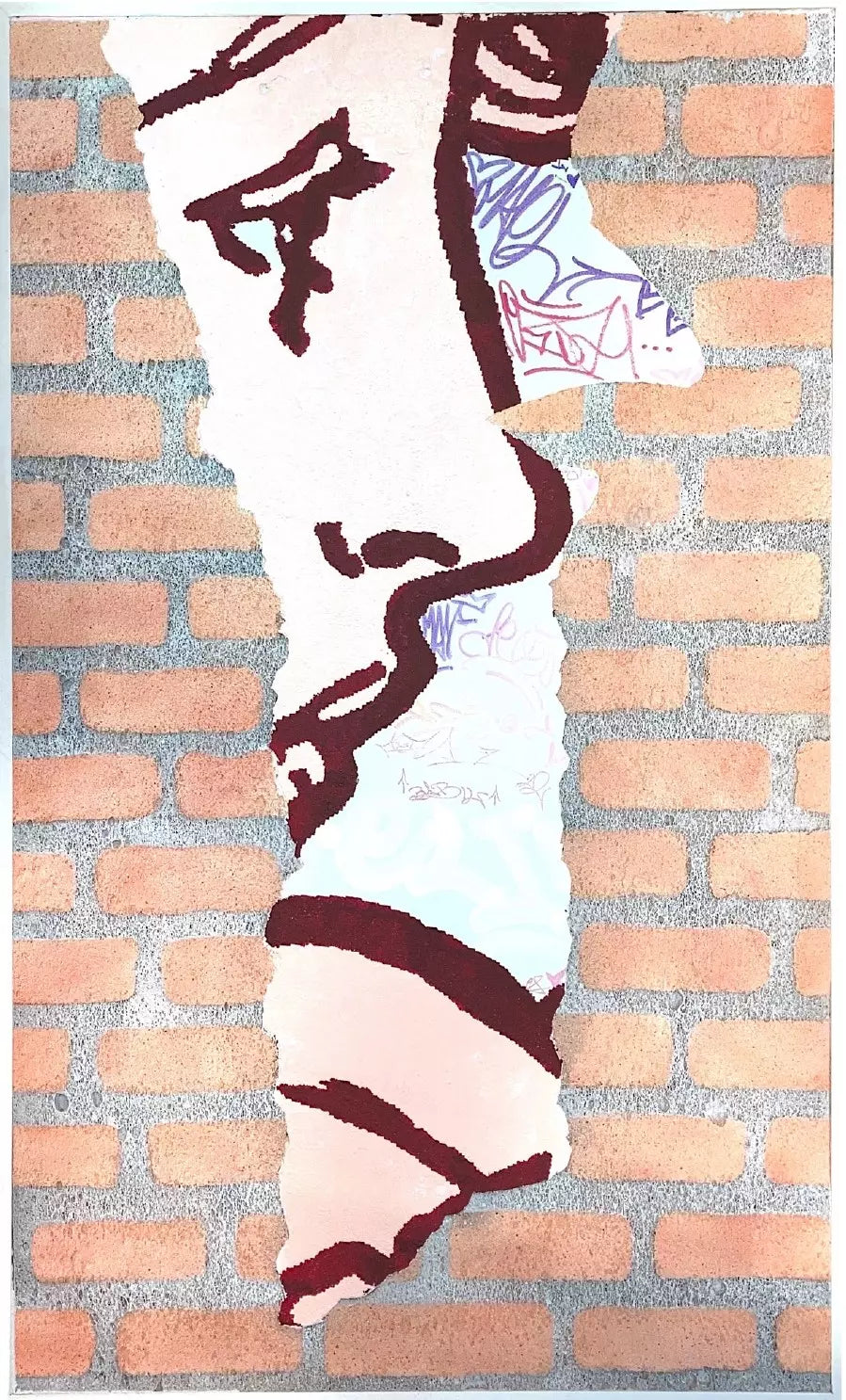 Spray Culturae Lost Wall di Shife. Opera unica acrilico e smalto su fusione acrilica di polistirene rappresentante un profilo di donna su un muro in mattoni | Cd Studio d'Arte
