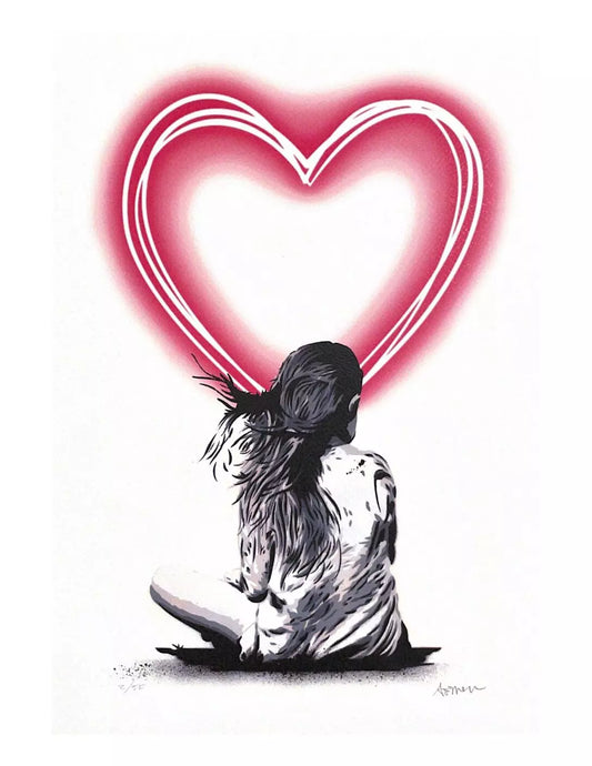 Dreams Neon Edition di Alessio-B. Stampa giclée stampa giclée su carta 320 gsm edizione limitata rappresentante una bambina seduta di fronte ad un cuore realizzato con dei neon | CD Studio d'Arte