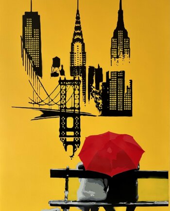 Don't Poop On Your Happiness di Any. Opera unica spray e acrilico su tela rappresentante una coppia seduta su una panchina che ammira lo splendore della città di New York | Cd Studio d'Arte