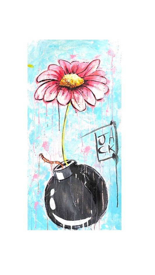 Flower Bomb di Jack Perego. Opera unica tecnica mista su tela rappresentante un fiore rosa cresciuto all'interno di una bomba  | CD Studio d'Arte