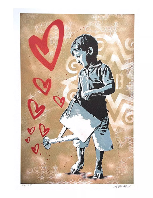 Grow Love di Alessio-B. Stampa giclée su carta 320 gsm edizione limitata rappresentante un bambino con un affiatoio in mano dal quale escono dei cuori rossi | CD Studio d'Arte