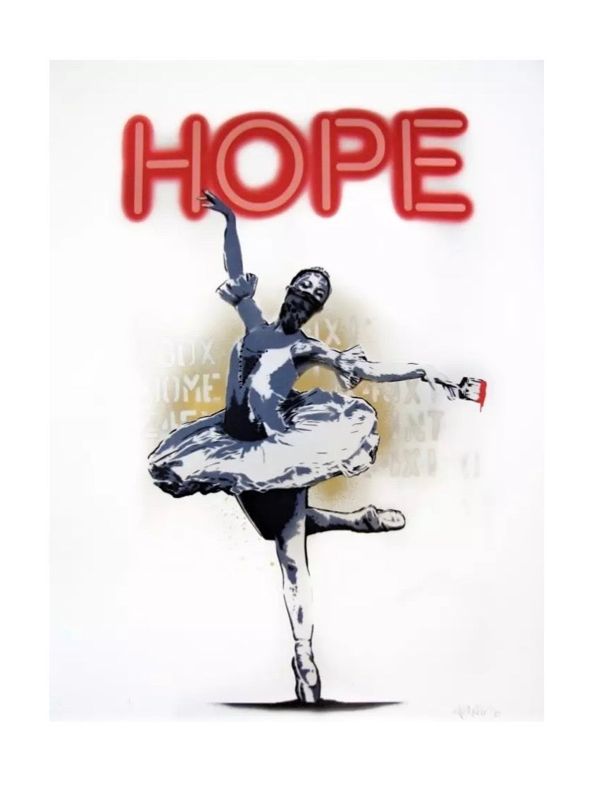 Ballerina Hope di Alessio-B. Stampa giclée stampa su carta 320 gsm edizione limitata rifinita a mano rappresentante una ballerina danzante sotto alla scritta "Hope" al neon | CD Studio d'Arte