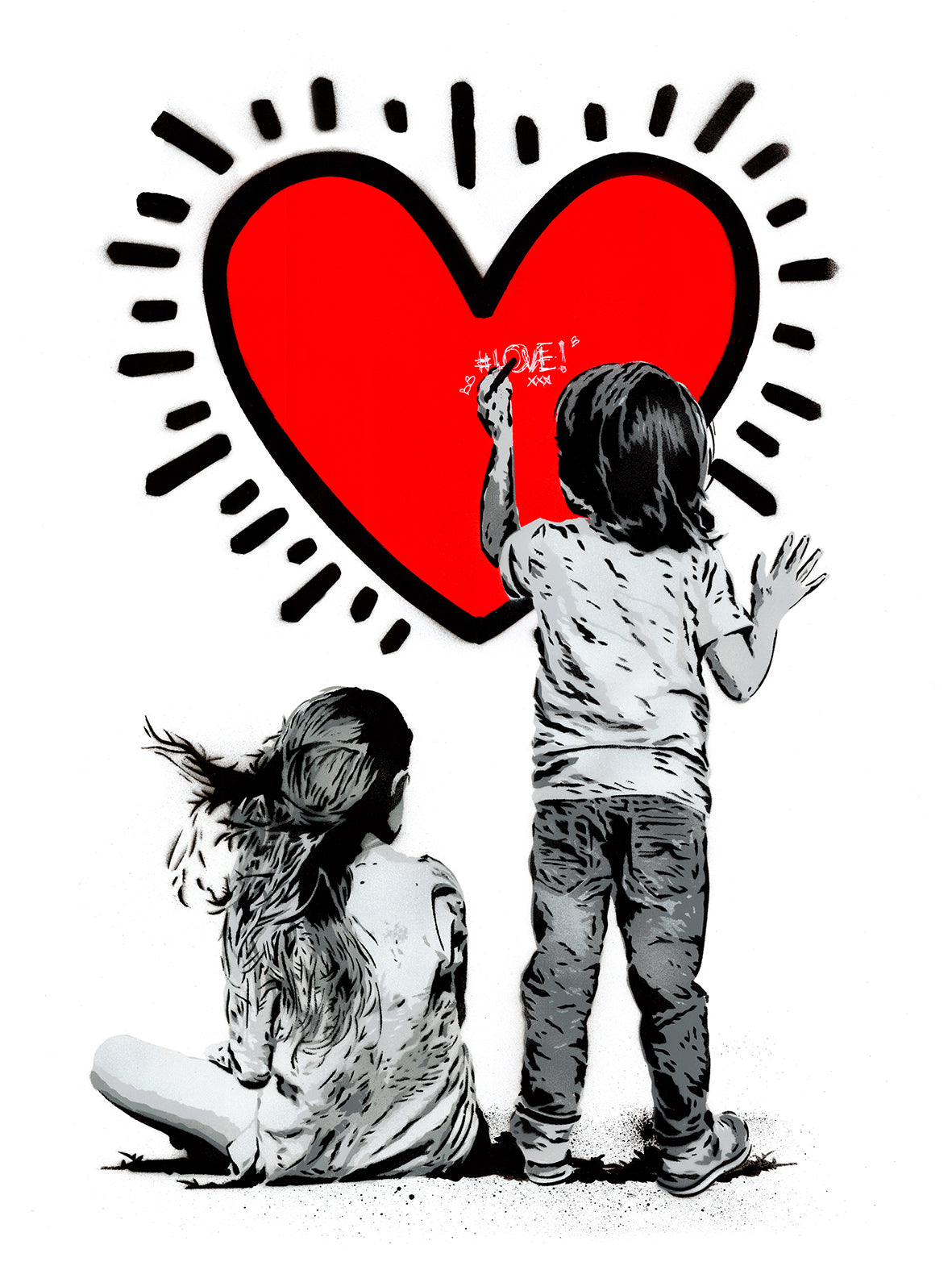 Heart di Alessio-B. Stampa giclée stampa giclée su carta 320 gsm edizione limitata rappresentante due bambini che disegnano su un grande cuore rosso | CD Studio d'Arte