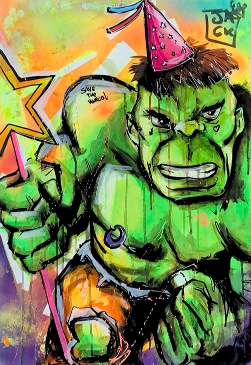 Hulk! di Jack Perego. Opera unica tecnica mista su tela rappresentante Hulk, l'iconico personaggio dei fumetti statunitensi prodotti dalla Marvel Comics  | Cd Studio d'Arte
