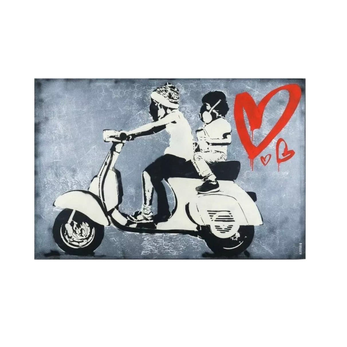 I Love Vespa di Alessio-B. Opera unica spray e stencil su tela rappresentante due bambini in sella ad una Vespa  | Cd Studio d'Arte