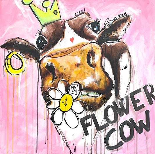 Flower Cow di Jack Perego. Opera unica tecnica mista su tela rappresentante delle rivisitazioni divertenti e colorate in stile New Pop  | CD Studio d'Arte