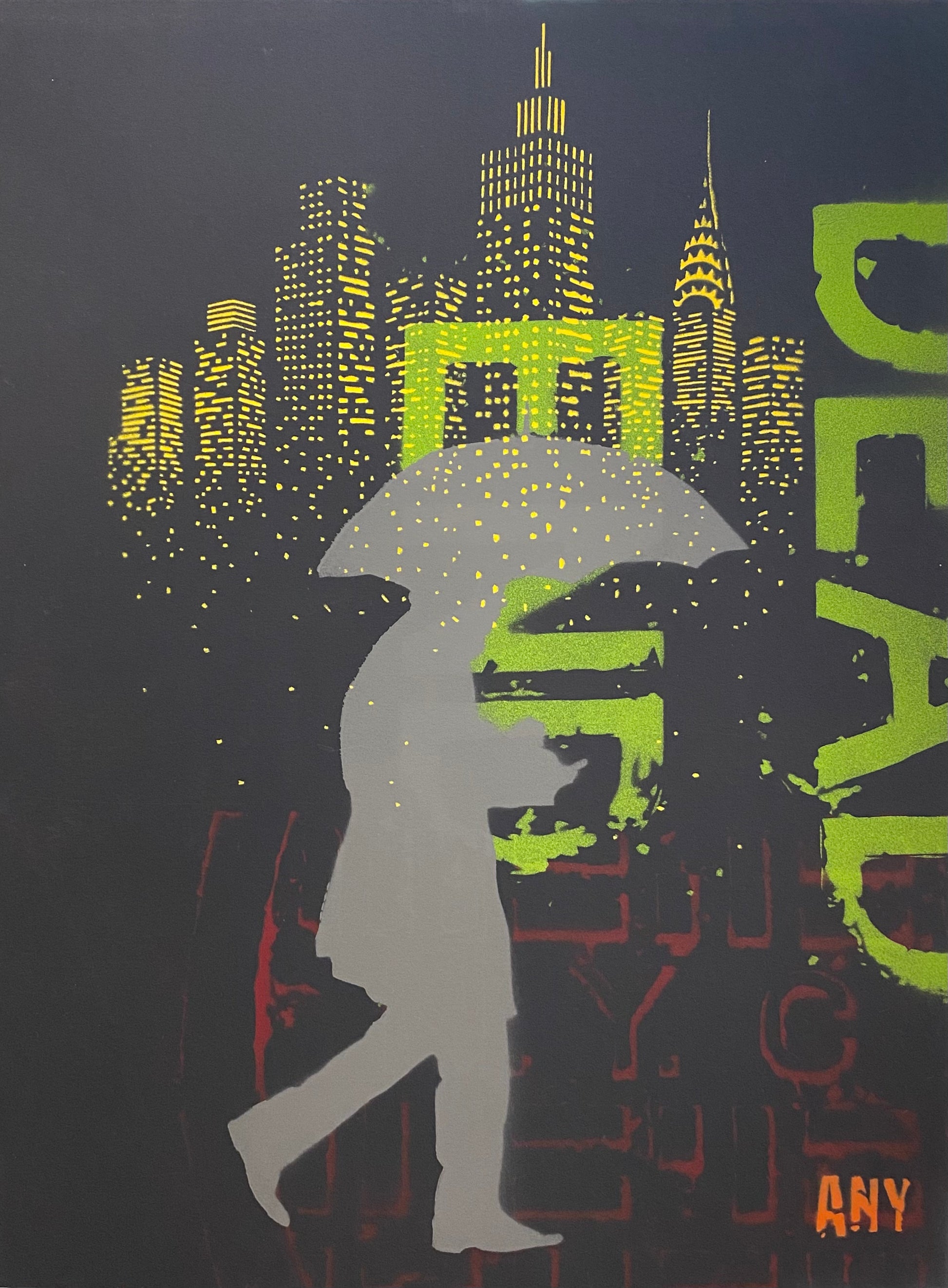 Dream Drops Black And Green Cardboard Edition di Any. Opera unica spray e stencil su cartone rappresentante connessioni allo scenario di New York, come ricorda l'acronimo presente nel nome dell'artista "About New York" | Cd Studio d'Arte