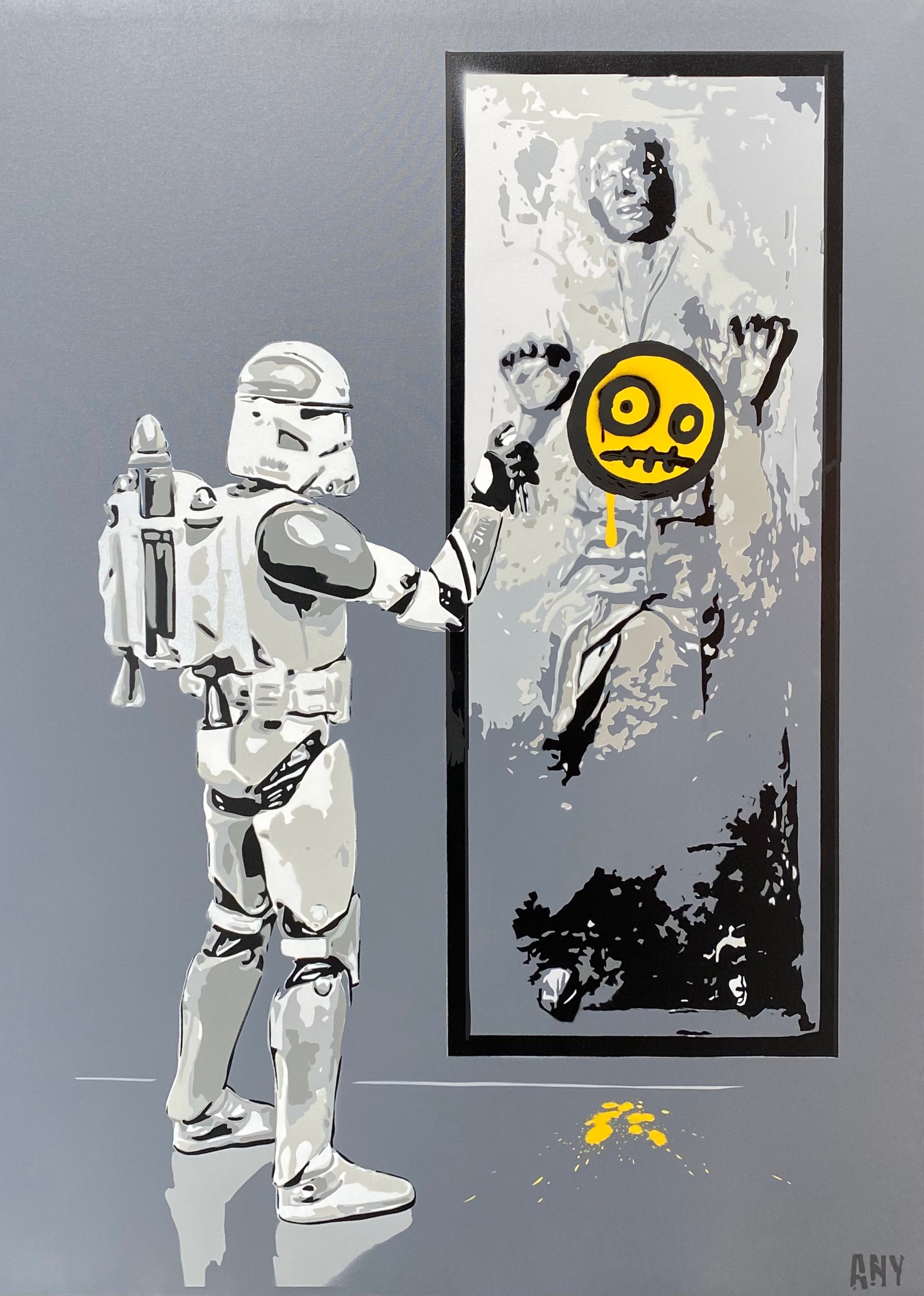 Smile, Solo di Any. Opera unica spray e stencil su tela rappresentante una versione divertente dell'artista dei personaggi di Star Wars | Cd Studio d'Arte
