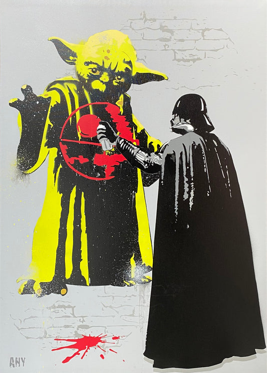 I'm Your Father di Any. Opera unica spray e stencil su tela rappresentante Yoda e Dart Fener, due personaggi della serie televisiva Star Wars  | CD Studio d'Arte
