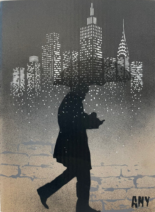 Dream Drops Black And White Edition di Any. Opera unica spray e stencil su cartone rappresentante connessioni allo scenario di New York, come ricorda l'acronimo presente nel nome dell'artista "About New York" | CD Studio d'Arte