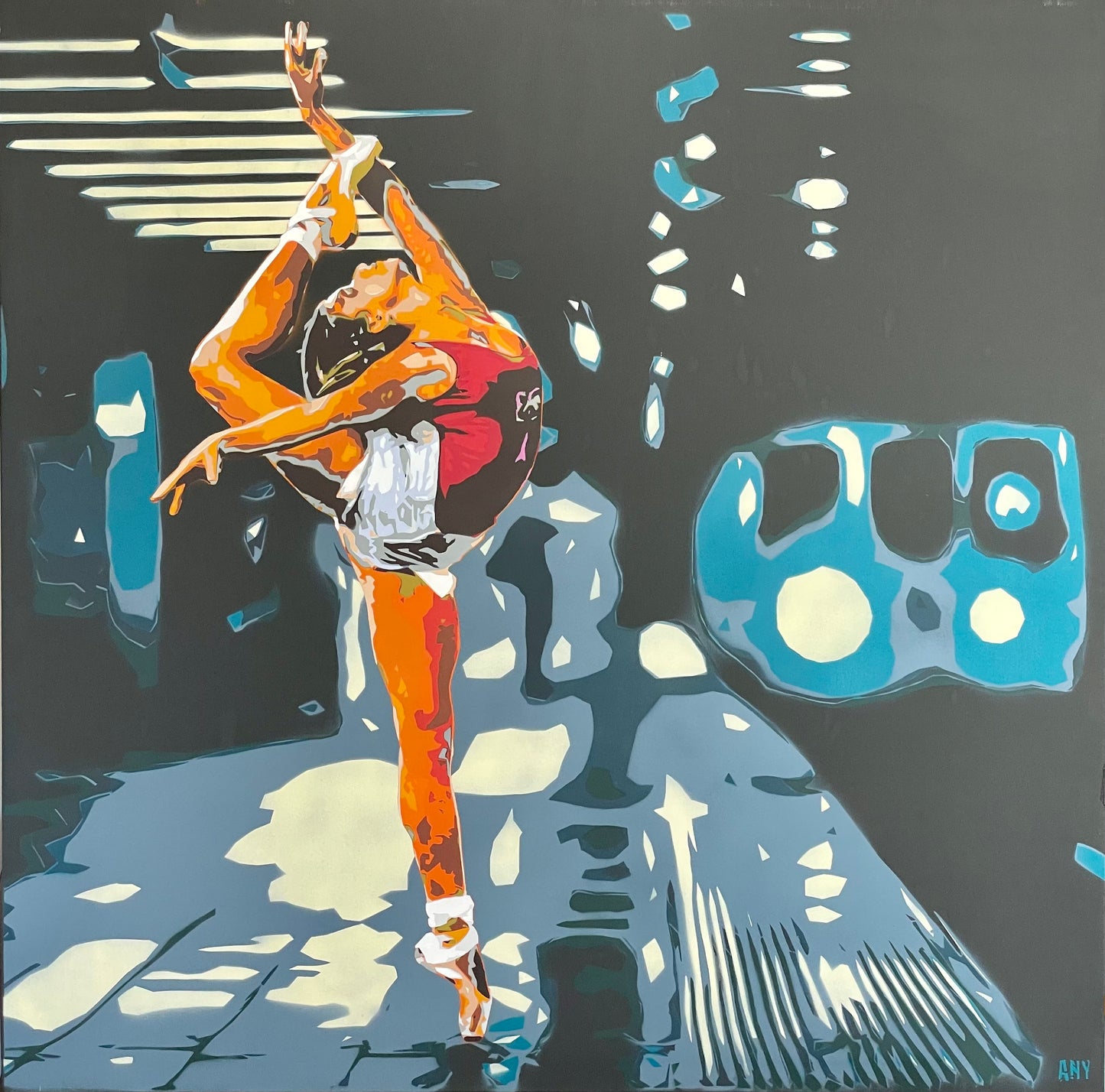 Graceful 2 di Any. Opera unica spray e stencil su tela rappresentante una ballerina mentre balla all'interno di una metropolitana  | CD Studio d'Arte