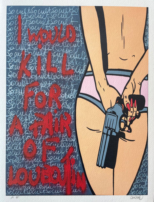 Girl Louboutin di David Karsenty. Stampa giclée stampa su carta 320 gsm rappresentante una donna di spalle che nasconde una pistola | CD Studio d'Arte
