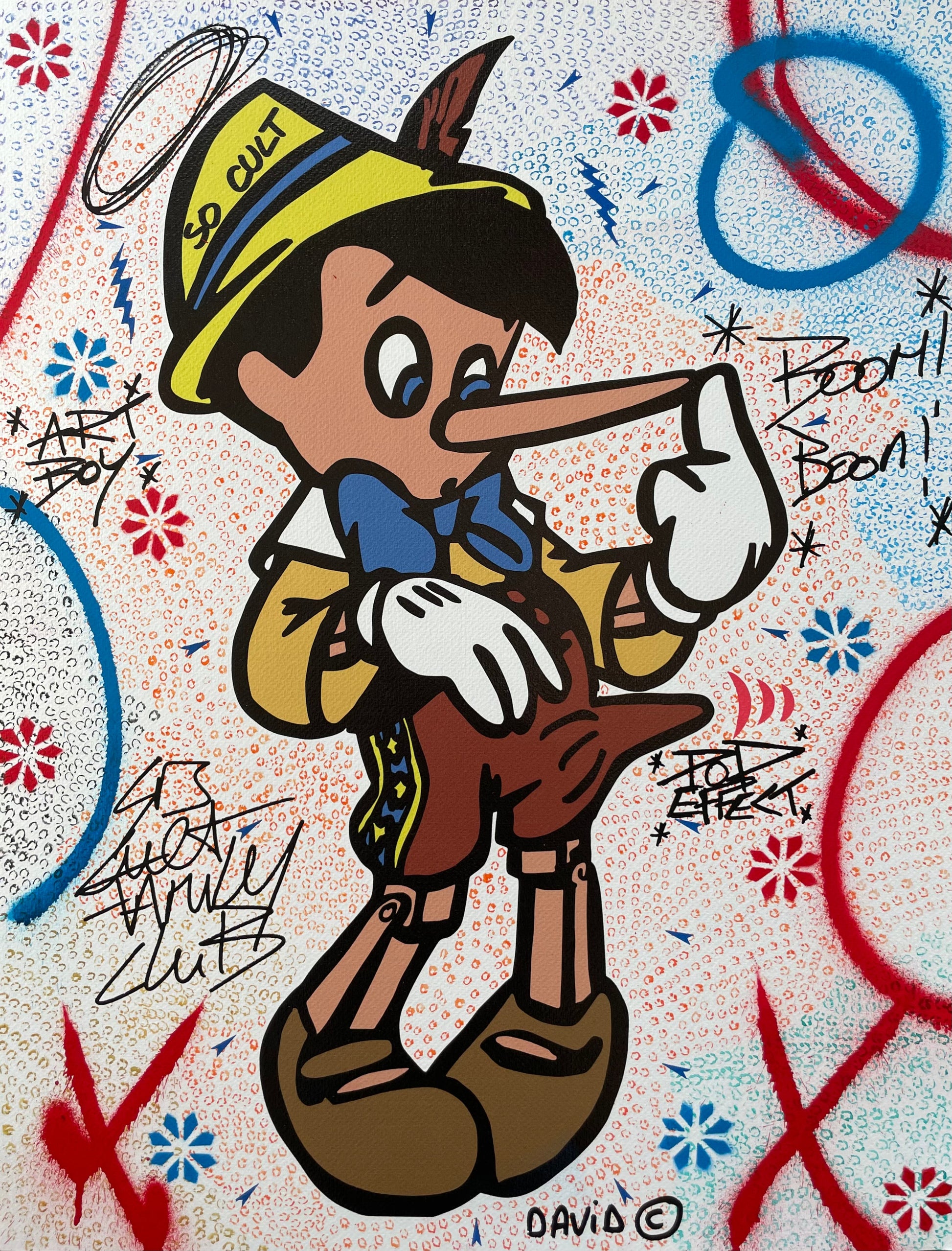 Pinocchio Art Boy di David Karsenty. Stampa giclée tecnica mista su carta rappresentante l'iconico personaggio Disney raffigurato in maniera divertente dall'artista | Cd Studio d'Arte