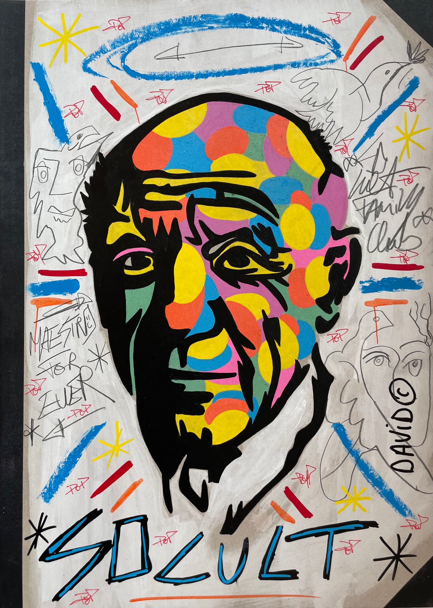 Pablo di David Karsenty. Opera unica tecnica mista su cartone rappresentante il pittore Pablo Picasso raffigurato in maniera divertente dall'artista | Cd Studio d'Arte