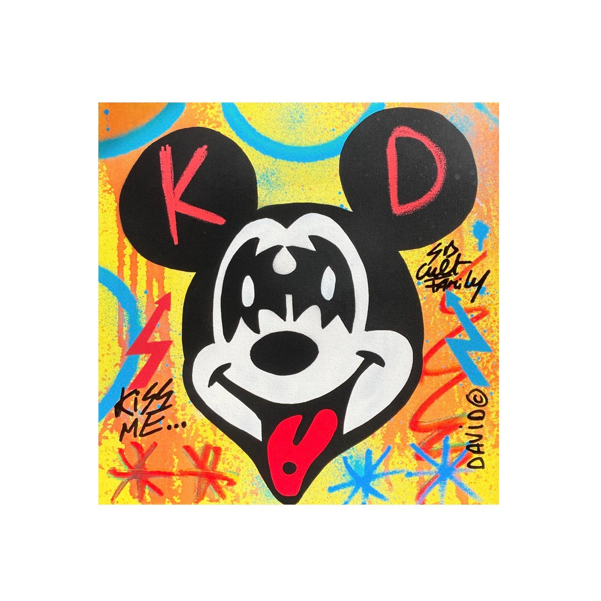 Kiss Me di David Karsenty. Opera unica tecnica mista su tela rappresentante l'iconico personaggio Disney raffigurato in maniera divertente dall'artista  | CD Studio d'Arte