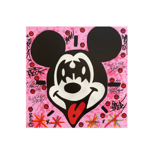 Kiss Me Pink Edition di David Karsenty. Opera unica tecnica mista su tela rappresentante l'iconico personaggio Disney raffigurato in maniera divertente dall'artista | CD Studio d'Arte