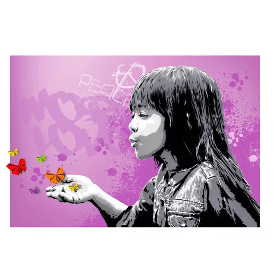 Levity 3 Pink di Alessio-B. Stampa giclée stampa su carta 320 gsm edizione limitata rifinita a mano rappresentante una bambina che soffia delle farfalle dal palmo della mano | CD Studio d'Arte