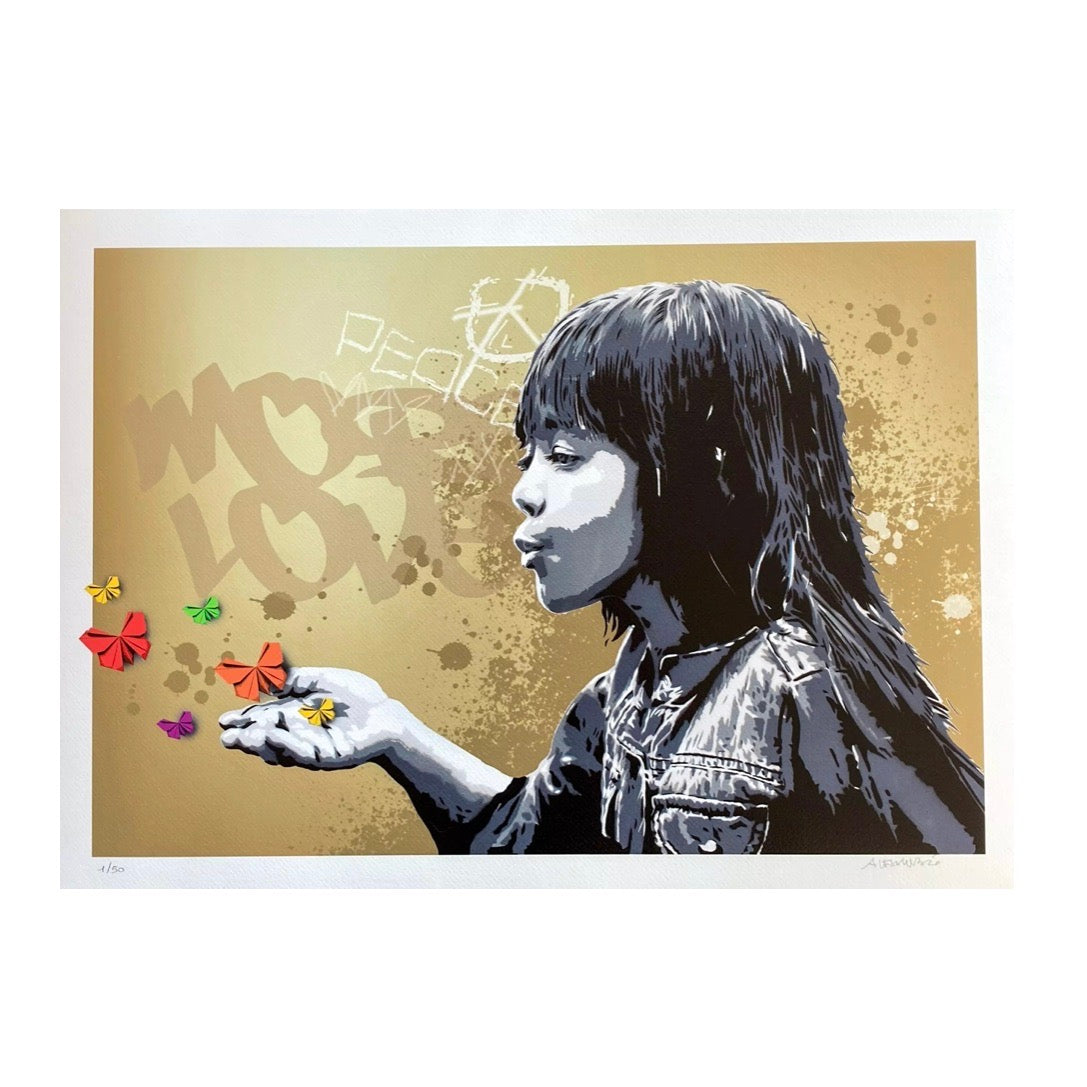 Levity Gold di Alessio-B. Stampa giclée stampa giclée su carta 320 gsm edizione limitata rappresentante una bambina che soffia delle farfalle dal palmo della mano | CD Studio d'Arte