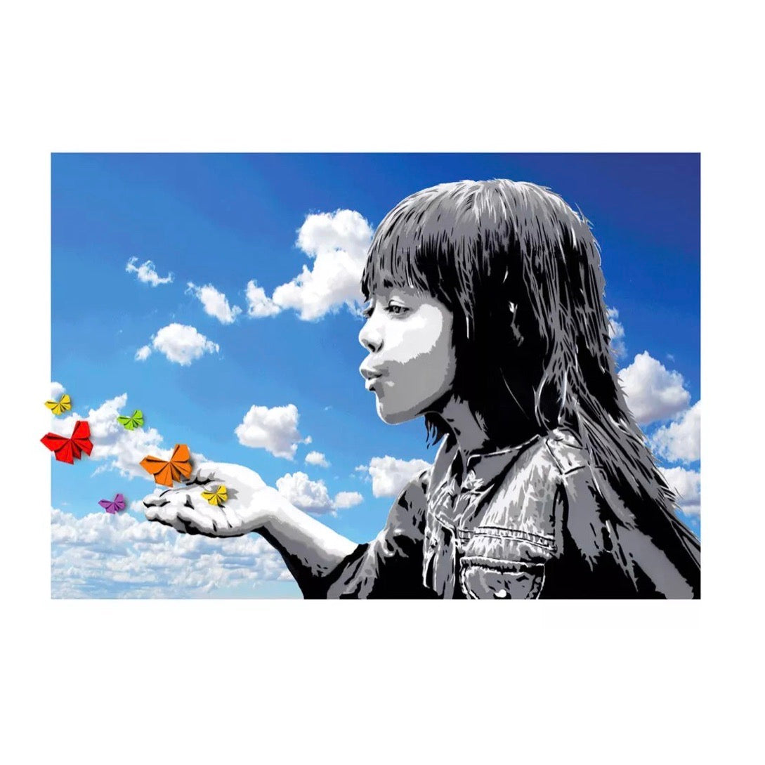 Levity Sky Edition di Alessio-B. Stampa giclée stampa giclée su carta 320 gsm edizione limitata rappresentante una bambina che soffia delle farfalle dal palmo della mano | CD Studio d'Arte