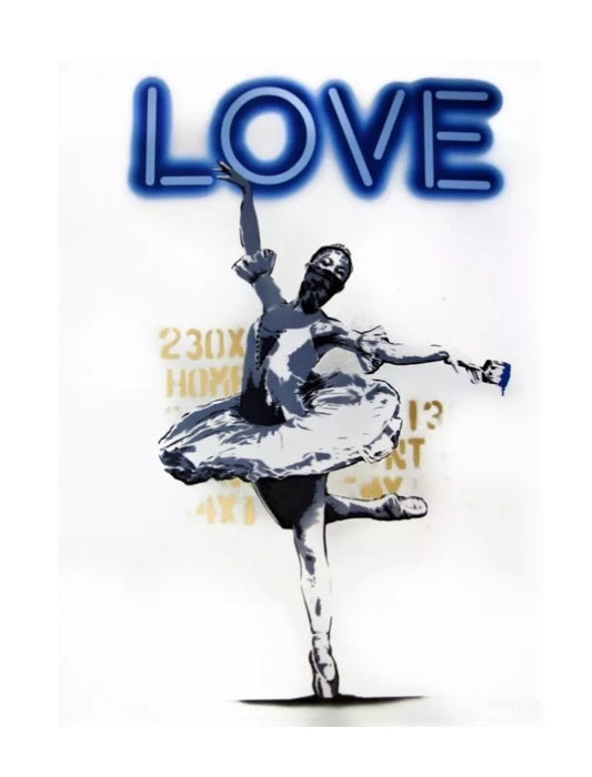 Ballerina Love Blu di Alessio-B. Stampa giclée stampa su carta 320 gsm edizione limitata rifinita a mano rappresentante una ballerina danzante sotto alla scritta "Love" al neon | CD Studio d'Arte